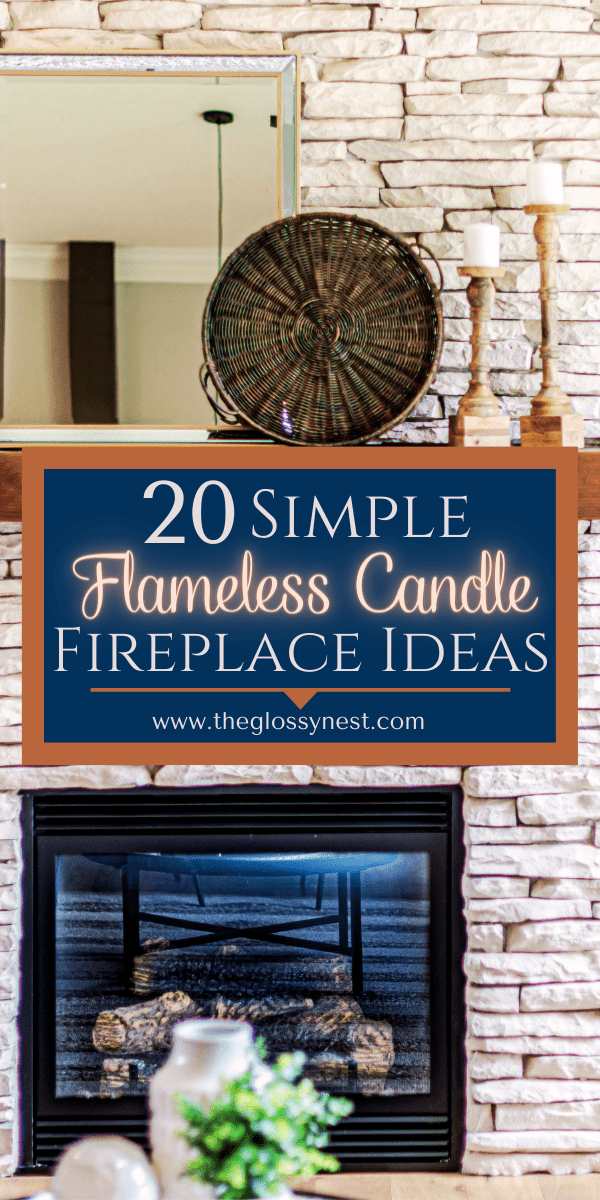 Decorate a fireplace with flameless candles, wood candle holders & decorative objects on the mantel