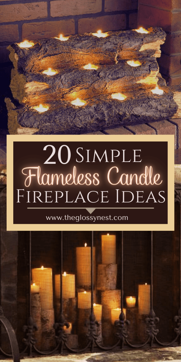 Decorate a fireplace with flameless candles, wood candle holders & a fireplace screen