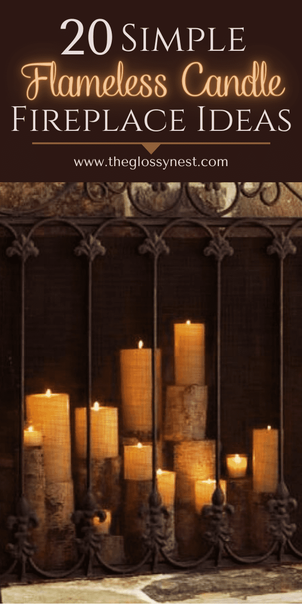 Decorate a fireplace with flameless candles, wood candle holders & a fireplace screen