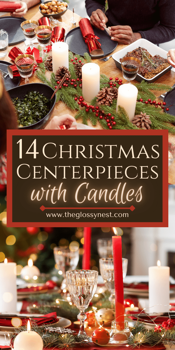 Christmas centerpiece ideas with candles, greenery, jingle bells, pine cones, faux red berries