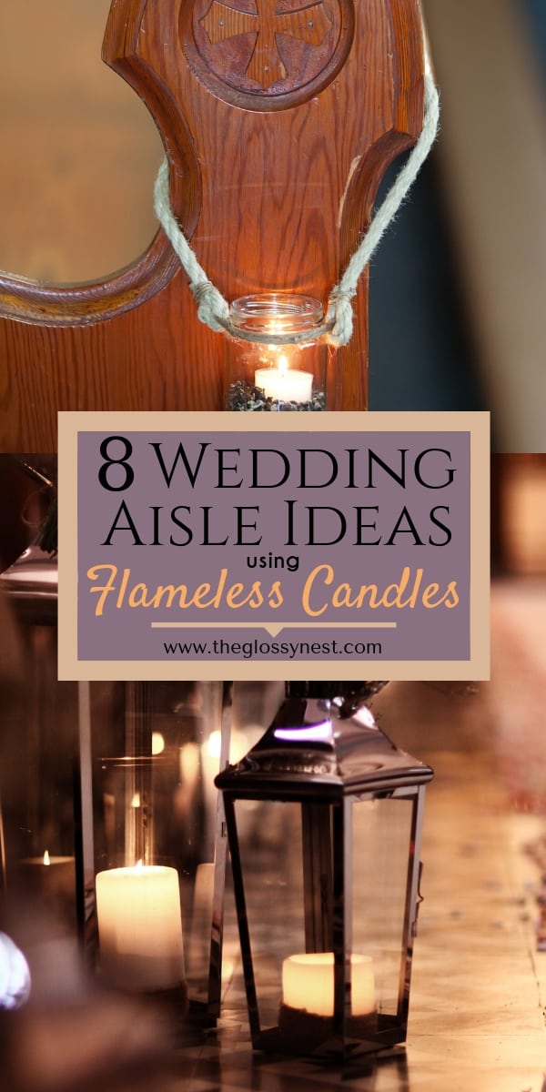 Flameless candles for wedding aisles with lanterns, votive candle holders on church pews