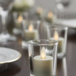 Flameless candle wedding centerpiece with votives & glass candle holders