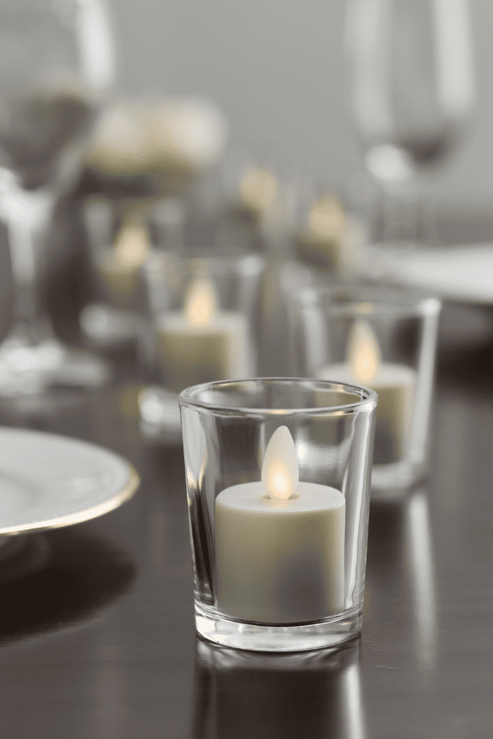 Flameless candle wedding centerpiece with votives & glass candle holders