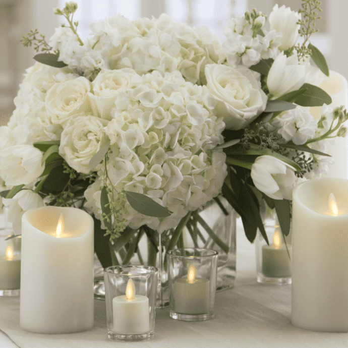 Flameless candle wedding centerpiece with flowers, votives & glass candle holders