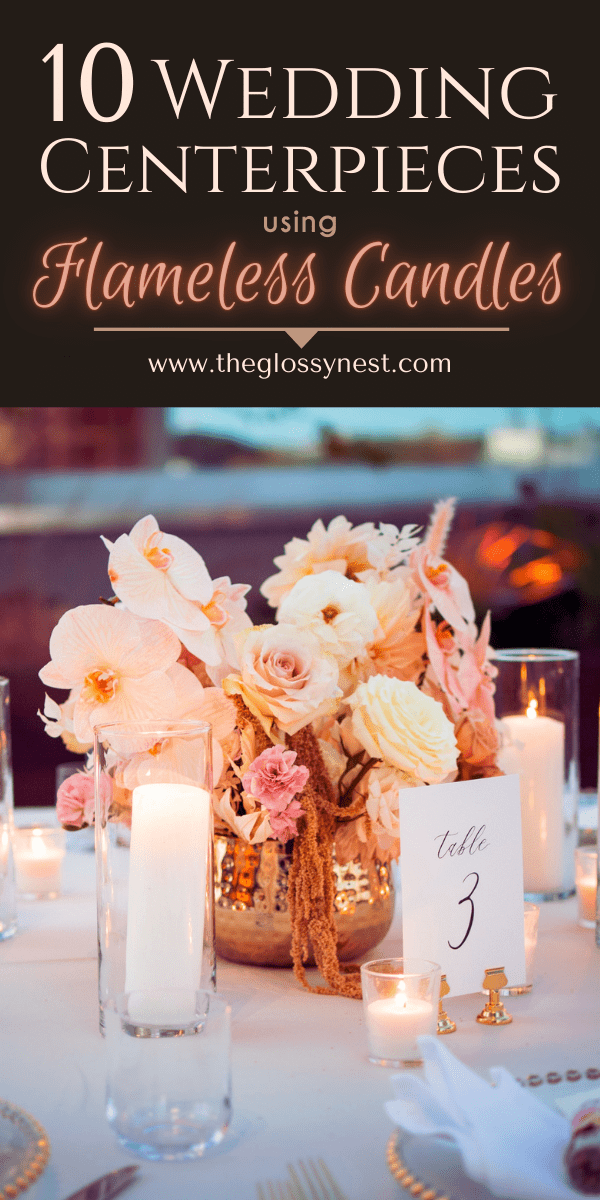 Flameless candle wedding centerpiece with flowers in a gold vase