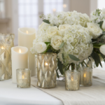 Flameless candles for wedding reception table centerpieces with flowers, candle holders