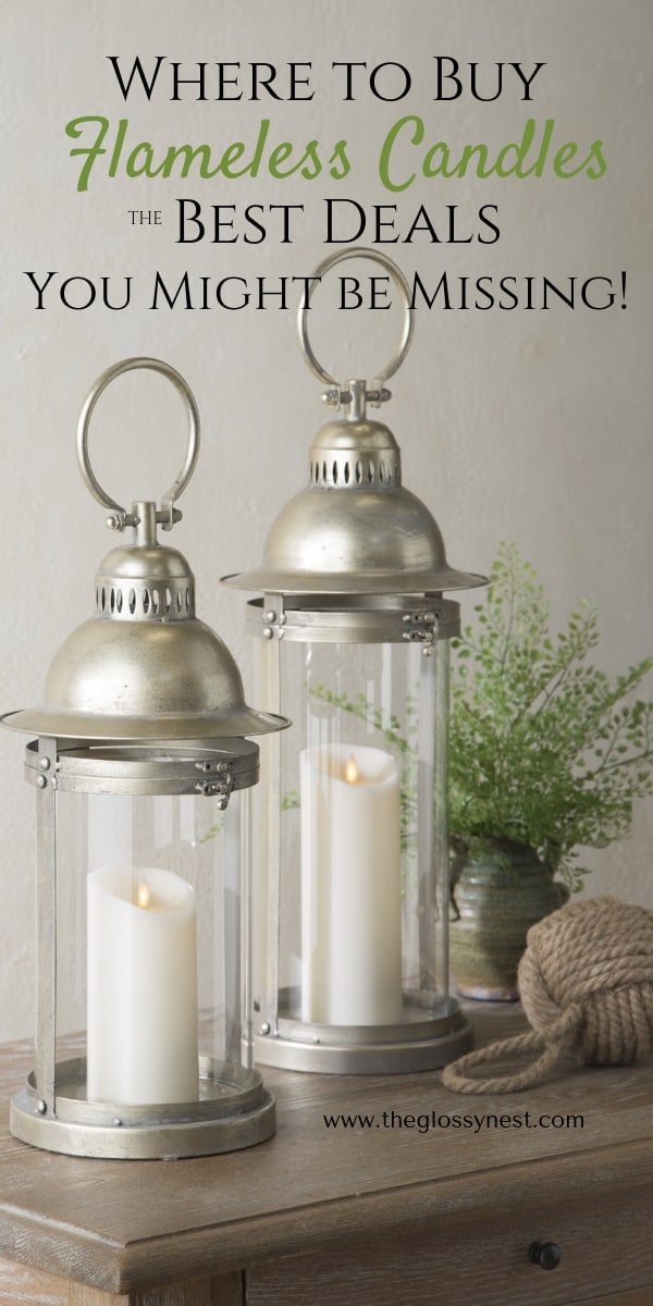 Buy flameless candles with lanterns on sideboard