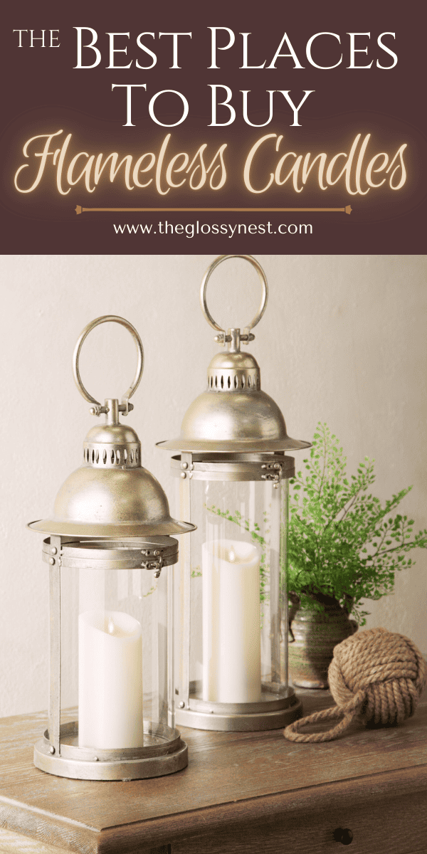 Buy flameless candles with lanterns on sideboard