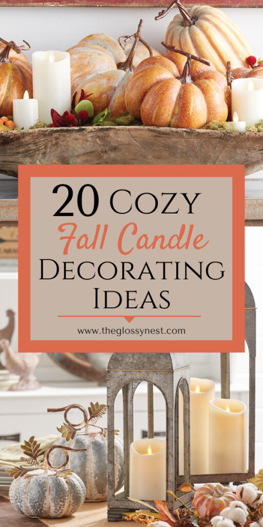 Fall candle decorating ideas using lanterns, pumpkins, dough bowl on a table, sideboard