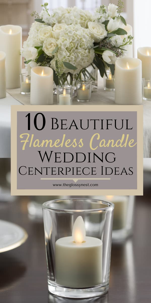 Flameless candle wedding centerpiece with flowers, votives & glass candle holders