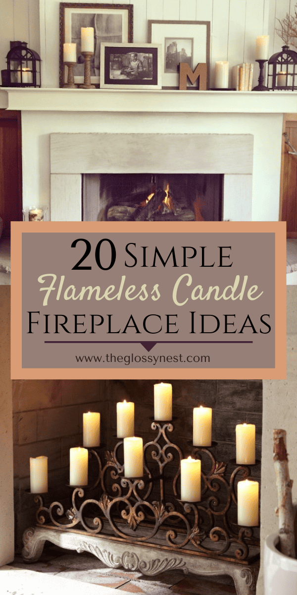 Decorate a fireplace with flameless candles, metal candelabra, framed pictures, lanterns & candle holders
