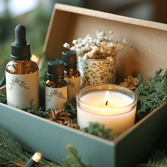 A gift box containing three small bottles with botanical labels, a lit candle, and dried flowers, surrounded by greenery. The box is open, displaying the items neatly arranged on a bed of foliage.  Best candles to give as gifts
