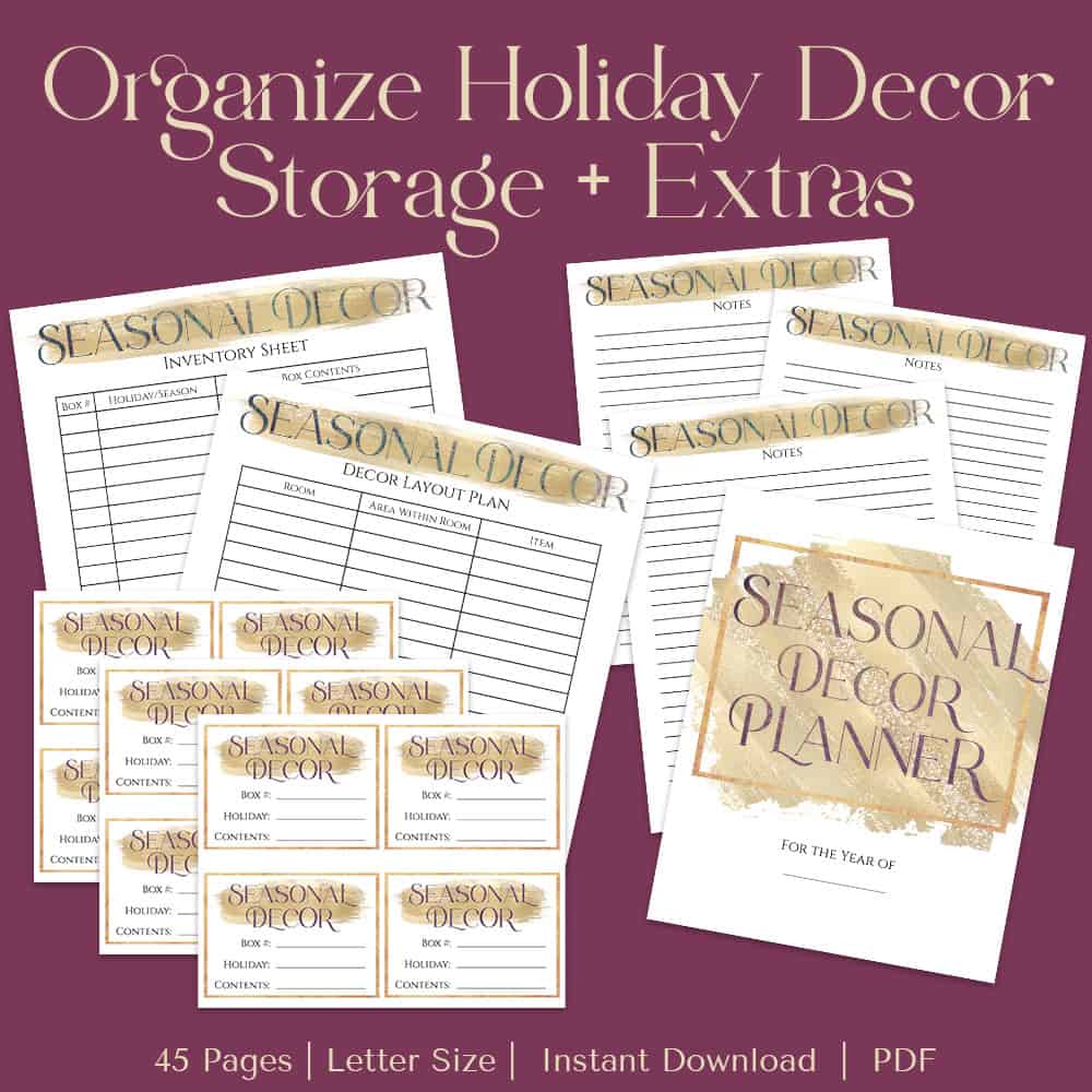 When should you put up holiday decorations? Make seasonal & holiday decor prep simple with this printable seasonal decor planner. The perfect decorating calendar/checklist/schedule for Christmas, Halloween, July 4th, etc. Includes inventory sheets, storage box tags, decor layout plan, decorating ideas for each month & more!