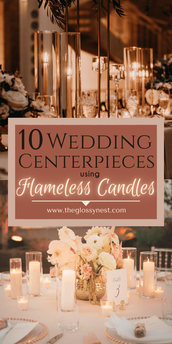 Flameless candle wedding centerpiece with flowers in a gold vase, taper candles in glass hurricanes