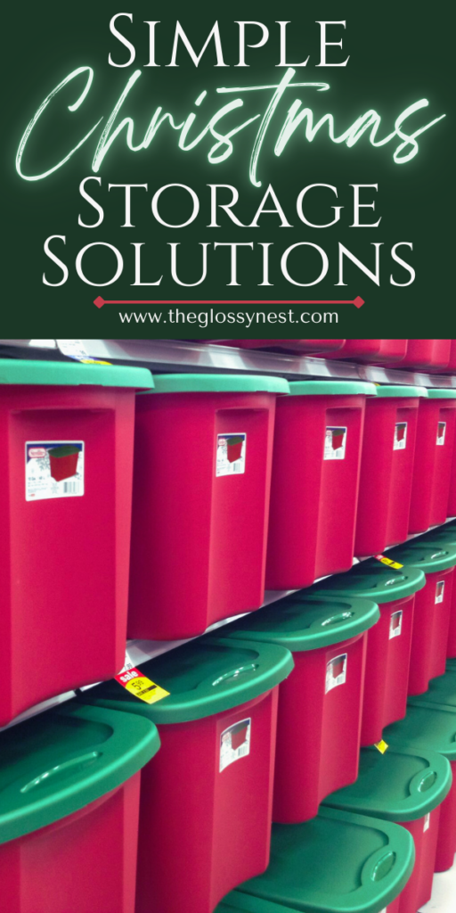Stacks of red storage bins with green lids, arranged in rows. The text at the top reads "Simple Christmas Storage Solutions," with a website link below.