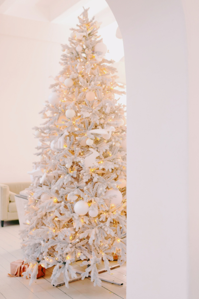 all white Christmas tree with white ornaments