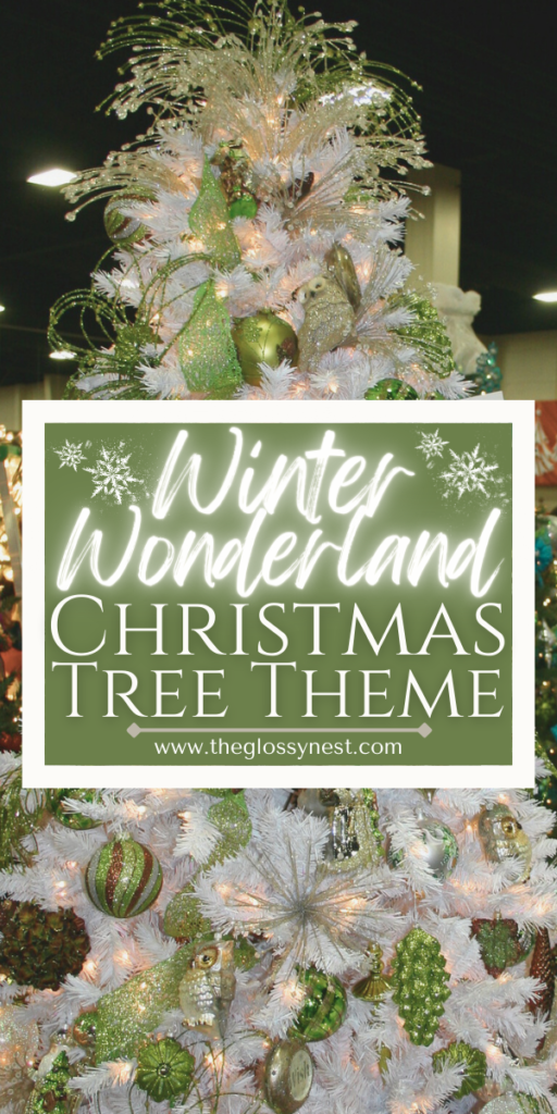 all white Christmas tree with bright green ornaments
