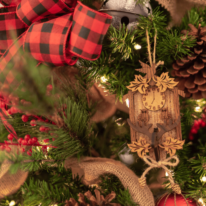 buffalo plaid ribbon, wooden ornaments on christmas tree