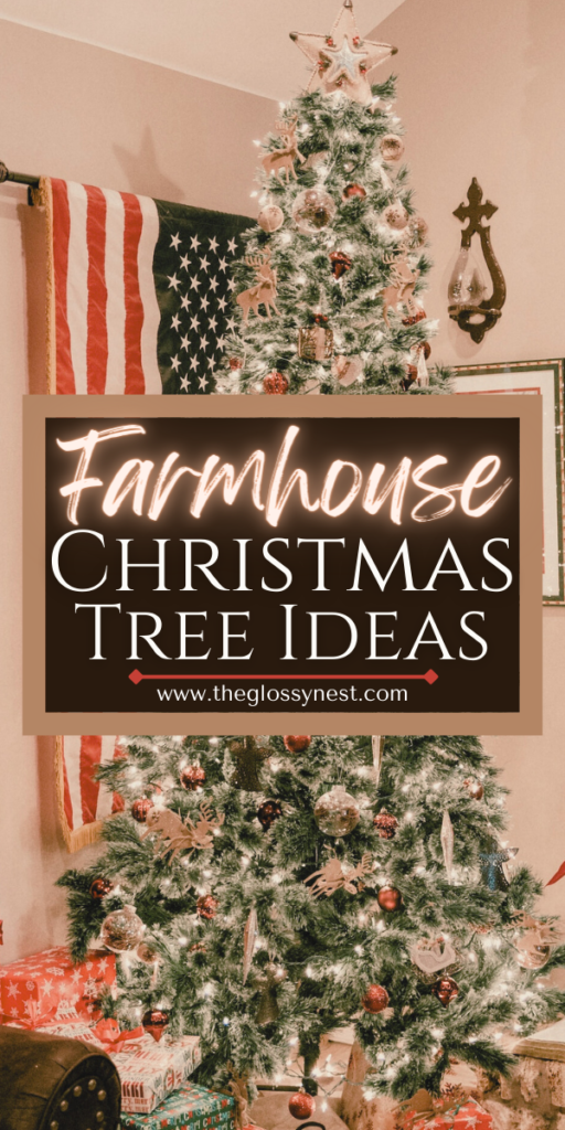 farmhouse christmas tree with ornaments, flag, presents