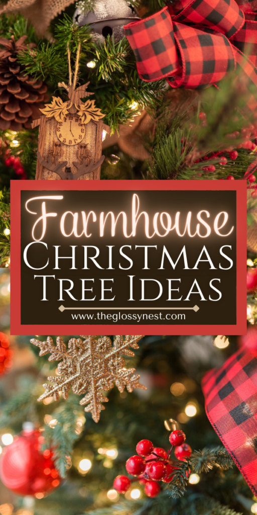 farmhouse christmas tree with buffalo check ribbon, ornaments, pine cones