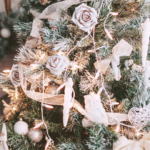 shabby chic christmas tree with ribbons, roses, ornaments