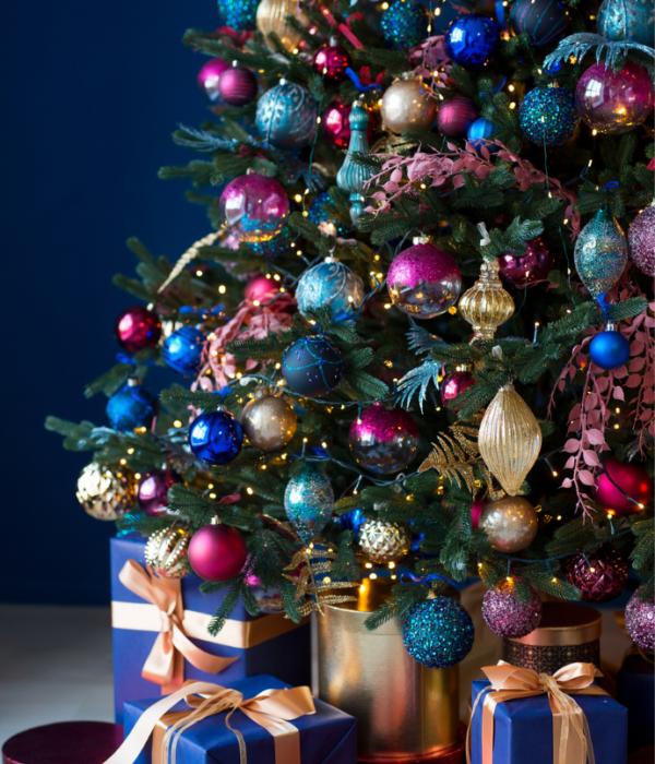 blue, purple and gold christmas tree color theme