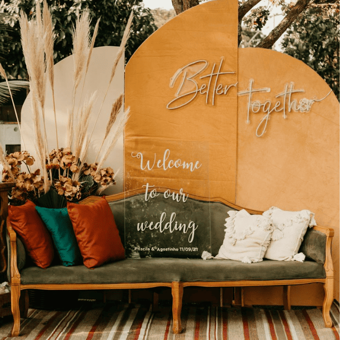better together wedding sign with couch, boho decor