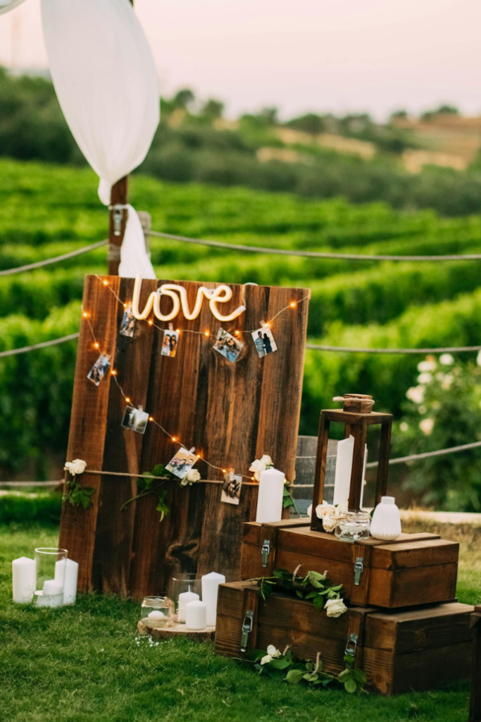 led light sign for wedding reception on wood backdrop