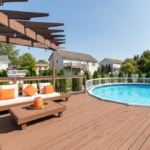 above ground pool deck with pergola, furniture, string lights