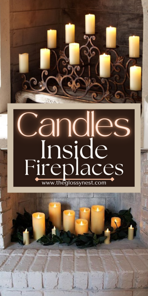 An elegant display of candles in a fireplace. The top fireplace features an ornate wrought iron rack with lit candles. The bottom fireplace has candles surrounded by greenery. Text overlay reads "Candles Inside Fireplaces" and a website link.