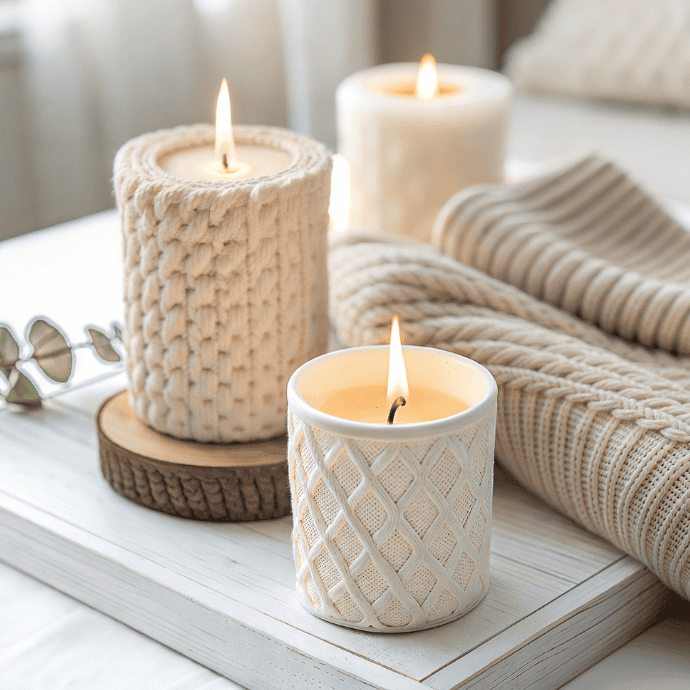 Three lit candles with knitted texture designs are placed on a white wooden tray, accompanied by a folded knitted blanket. A small sprig of eucalyptus adds a touch of green, creating a cozy and inviting atmosphere.