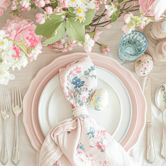 A pastel-themed Easter decor table setting features pink and white floral arrangements. Plates are stacked with a floral napkin and a painted egg on top. Forks and a spoon sit on the left, while a knife and spoon rest on the right, accompanied by a light blue glass.