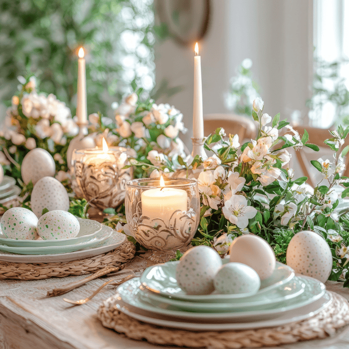 A beautifully set table with lit candles, white flowers, and pastel-colored decorative eggs on plates. The setting is bright and elegant, creating a festive and welcoming atmosphere.