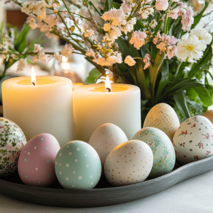Decorative Easter eggs with various pastel patterns are arranged on a tray alongside two lit pillar candles. Delicate white and pink flowers are in the background, creating a festive and serene atmosphere.