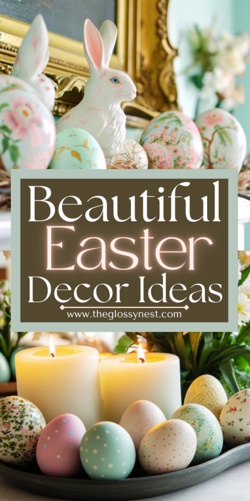 A decorative Easter scene with pastel-colored eggs, some with floral patterns. Candles are lit in the foreground, and a white rabbit figurine is in the background. Text reads: "Beautiful Easter Decor Ideas.