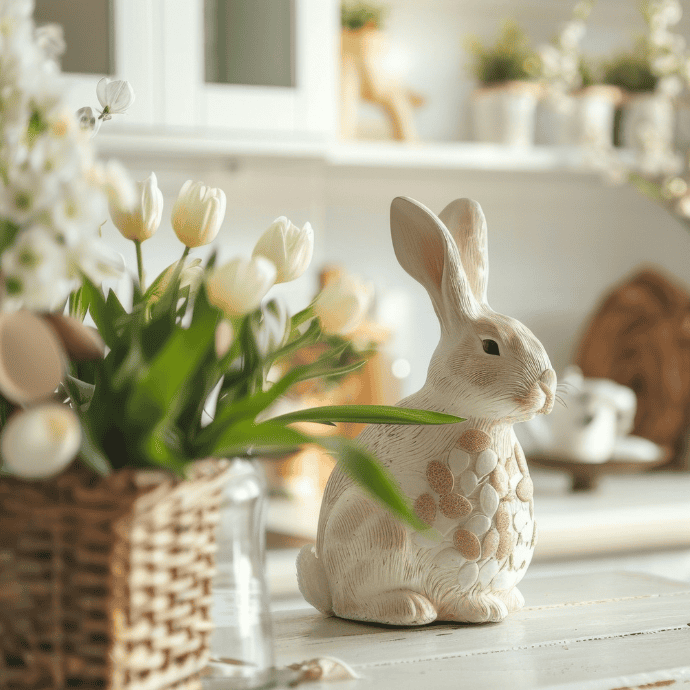 A ceramic bunny with decorative patterns sits on a table, embodying Easter kitchen decor. To its left, a wicker basket holds white tulips. The background is softly blurred, featuring subtle, neutral-toned decor, creating a serene, rustic atmosphere.