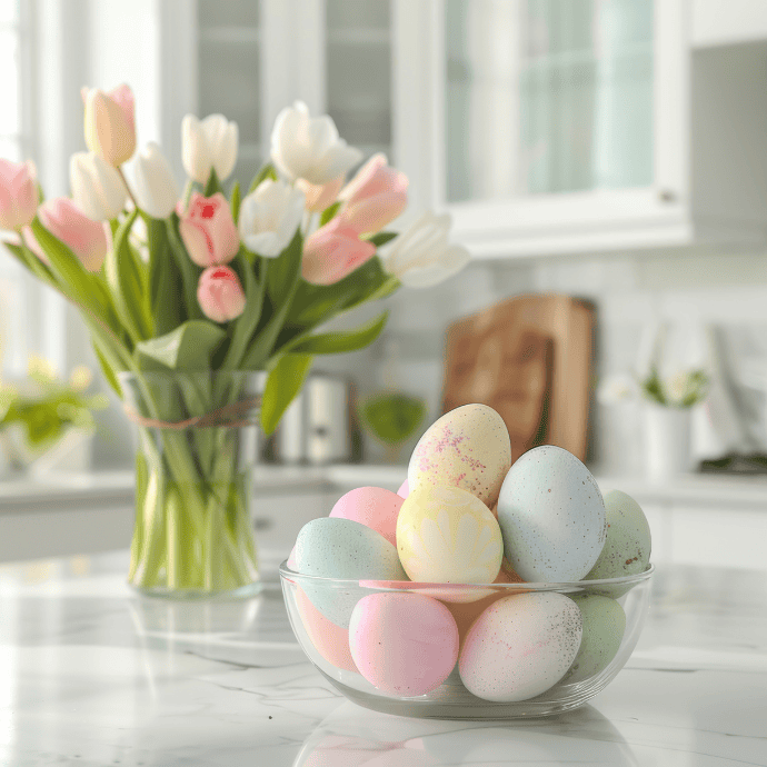 A bouquet of white and pink tulips graces the kitchen counter, beautifully complementing a glass bowl filled with pastel-colored Easter eggs. This charming scene of Easter kitchen decor is set against a backdrop of white cabinets and a blurred, magical culinary space.