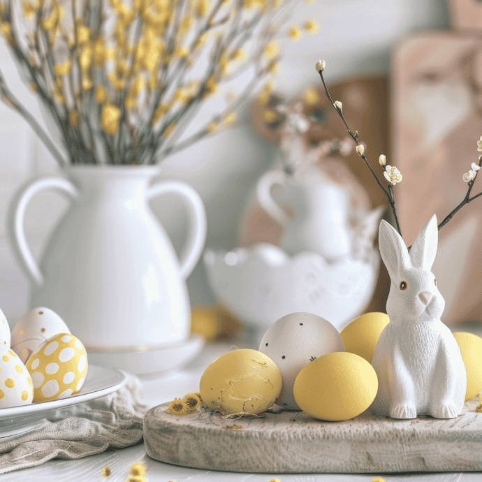 A decorative Easter scene features a white ceramic rabbit surrounded by yellow and polka-dotted Easter eggs on a wooden board. Perfect for those seeking Easter Kitchen Decor, vases with yellow flowers in the background contribute to the springtime ambiance.