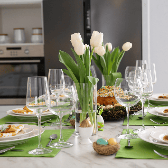 A dining table set for a meal with green placemats, white plates, and glassware. Central decorations include a vase of white tulips, a cake with sprinkles, and small nests with colorful eggs, creating an Easter kitchen decor that captures the magic of spring.