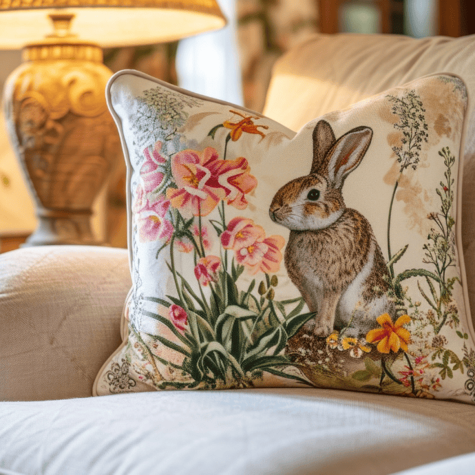 A cozy white armchair features a decorative pillow with a detailed illustration of a rabbit among pink and orange flowers. A warm table lamp with an ornate base softly illuminates the scene, perfect for an Easter living room decor that creates a tranquil ambiance.