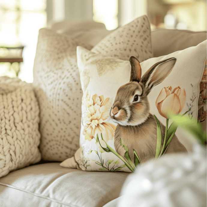 A cozy living room scene with a beige sofa adorned with a decorative cushion featuring a rabbit and flowers. This Spring Refresh includes textured knit pillows and a soft, light color palette, creating a warm and inviting atmosphere perfect for Easter gatherings.