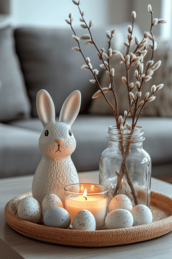 A decorative scene featuring a ceramic bunny, lit candle, and speckled eggs on a round tray brings a touch of Spring Refresh. A glass jar with pussy willow branches perfectly complements the cozy, neutral-toned Easter Living Room Decor.