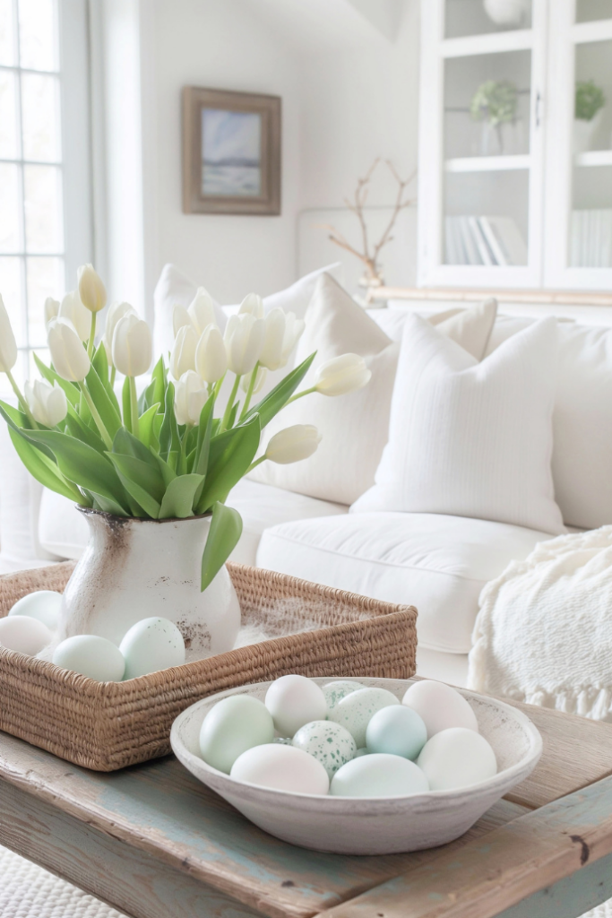 A cozy living room showcases a white sofa adorned with plush pillows. A rustic coffee table holds a woven tray with a vase of white tulips and a bowl filled with pastel-colored eggs, capturing the essence of Easter. Natural light streams through the window, enhancing this spring refresh.