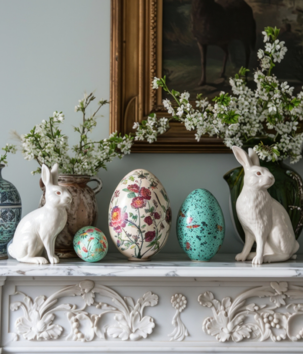 Easter mantel decor showcases a white mantle adorned with ornate floral carvings, featuring two ceramic rabbits and three decorated eggs with floral and speckled designs. Vases of white blossoms complete the refreshing look, while a framed painting of a horse and landscape hangs above.