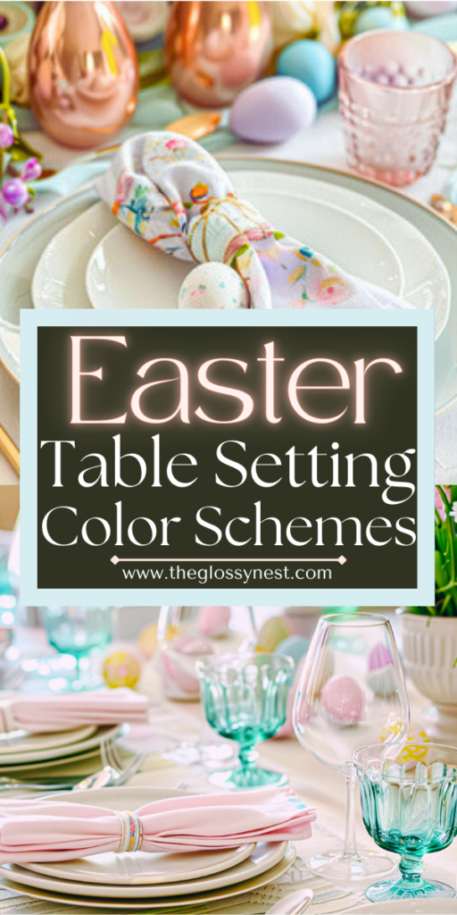 A colorful Easter table setting with pastel plates, cutlery, and glasses. Decor includes eggs, flowers, and a patterned napkin. Text on the image reads, "Easter Table Setting Color Schemes" with a website link to theglossynest.com.