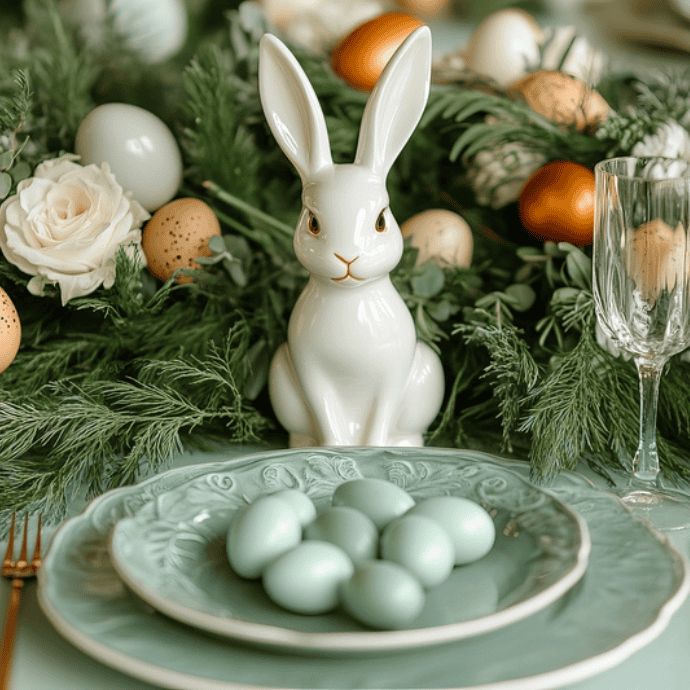 An elegant Easter table setting showcases a white ceramic bunny nestled among greenery, white roses, and colorful eggs. Mint green plates cradle several light blue eggs, while a wine glass sits nearby, completing the beautiful meal's sophisticated arrangement.