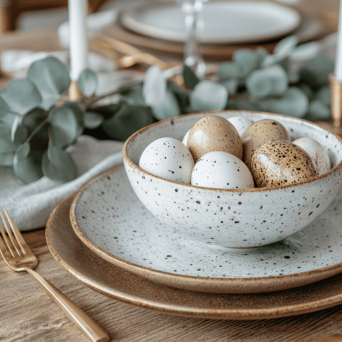 A rustic table setting features a speckled ceramic bowl filled with brown and white eggs, perfect for an elegant Easter celebration. It rests on a matching plate with gold cutlery nearby, while eucalyptus leaves and lit candles in the background create a natural ambiance.