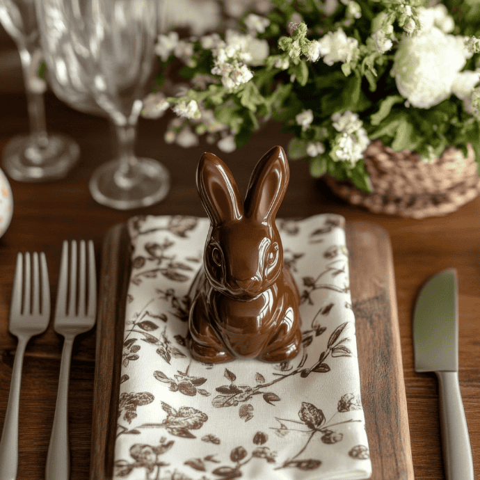 A chocolate bunny sits on a floral napkin atop a wooden board, surrounded by silverware. In the background, white flowers in a wicker basket and crystal glasses enhance the elegant Easter table setting.