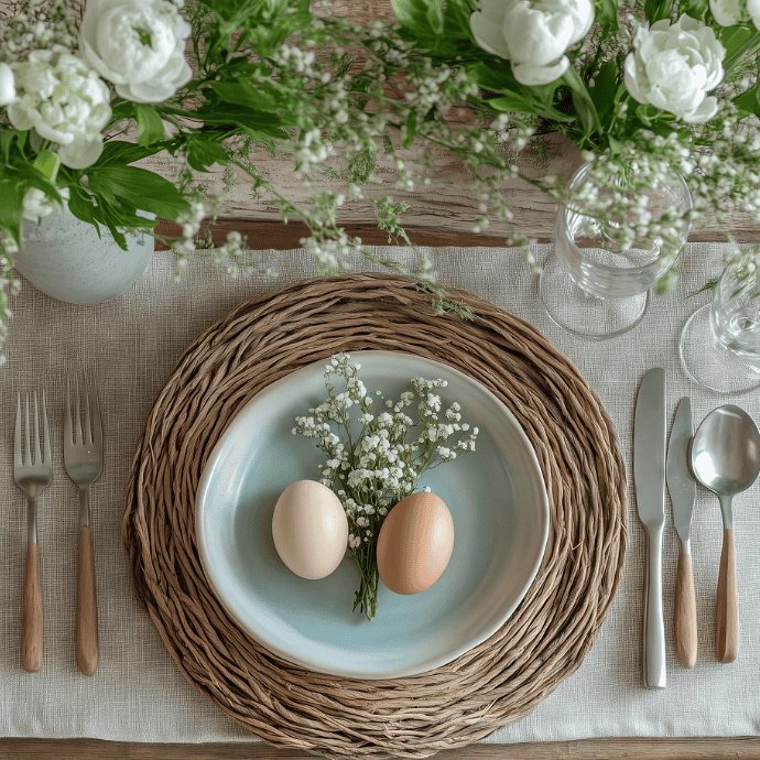 An elegant table setting features a woven placemat, a blue plate with two eggs and small white flowers. Surrounded by cutlery and glasses, the Easter-inspired decor is elevated with lush green and white floral arrangements.