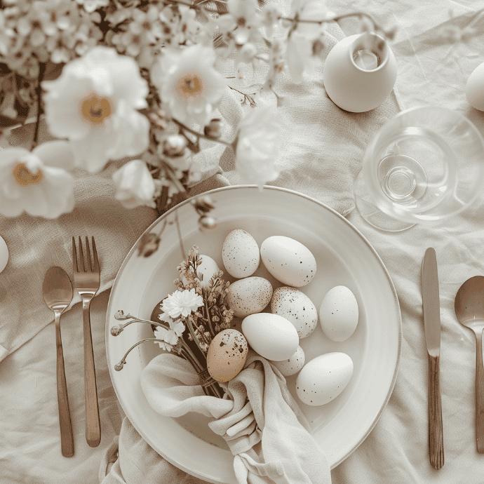 A beautifully arranged Easter table setting features a white plate with speckled and colored eggs, surrounded by delicate white flowers. Copper cutlery and a glass rest on a soft beige tablecloth, creating an elegant Easter ambiance.